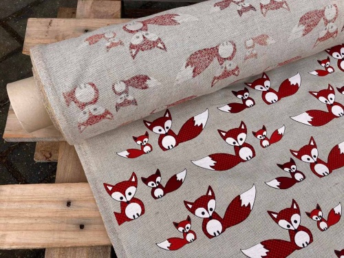 tkanina lniana, litewski 55% len, 45% bawełna, LENAJ, rude liski, 240g sklep alternative textiles