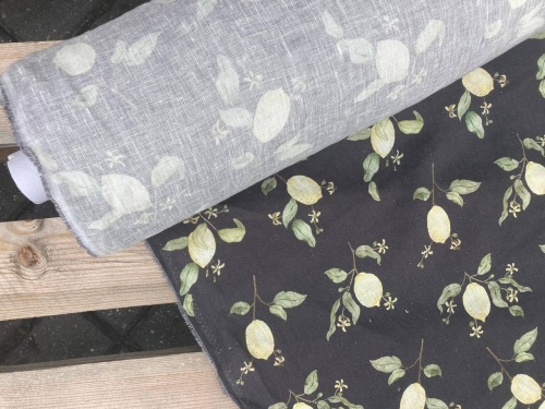 tkanina lniana 154g nadruk, motywy cytrynek na czarnym tle sklep alternative textiles