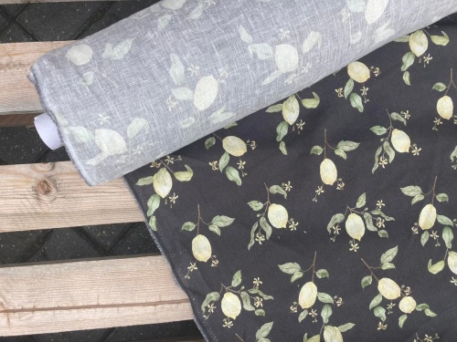 tkanina lniana 154g nadruk, motywy cytrynek na czarnym tle sklep alternative textiles