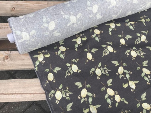 tkanina lniana 154g nadruk, motywy cytrynek na czarnym tle sklep alternative textiles