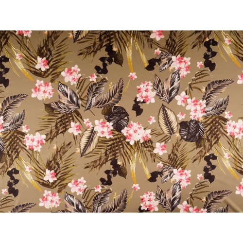DEADSTOCK, 100% poliester, różowe kwiaty na oliwkowym tle,  szer 145cm (cena za 0,5m) 