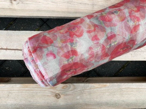 DEADSTOCK LEN naturalna tkanina lniana, kolor naturalny nadruk maki 154g (kupon o dł 60cm)