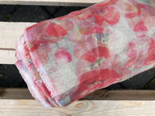 tkanina lniana nadruk, czerwone maki, sklep alternative textiles