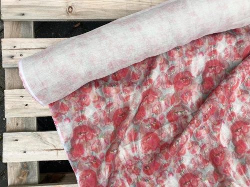 tkanina lniana nadruk, czerwone maki, sklep alternative textiles