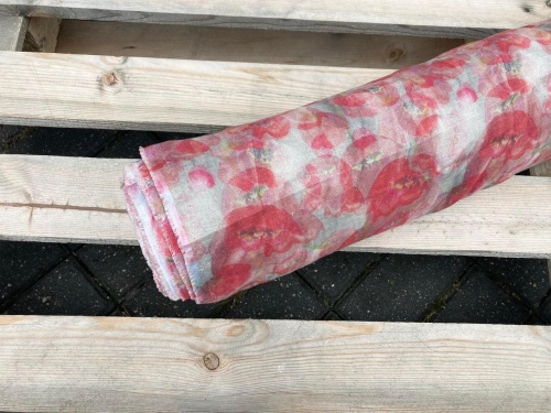 tkanina lniana nadruk, czerwone maki, sklep alternative textiles