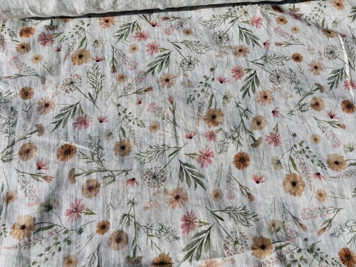 tkanina lniana 100% nadruk pastelowe kwiatki- sklep Alternative Textiles